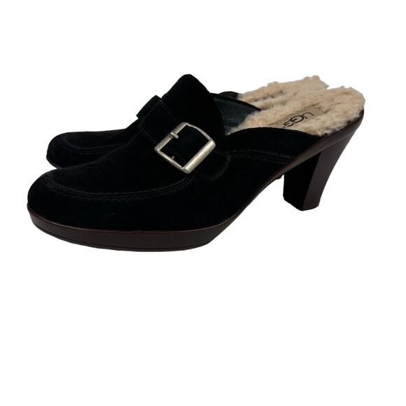 UGG Black Suede Shearling Slip On Heeled Mules - Picture 1 of 9
